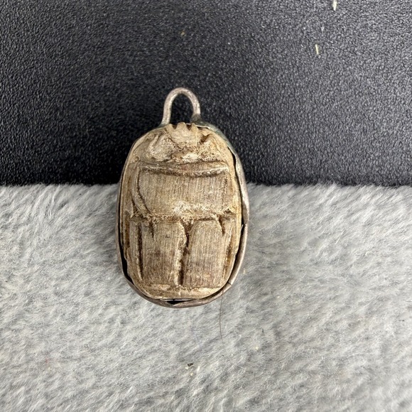 Estate Jewelry - Vintage Carved Scarab Beetle Pendant Charm Silver Tone Egyptian Revival